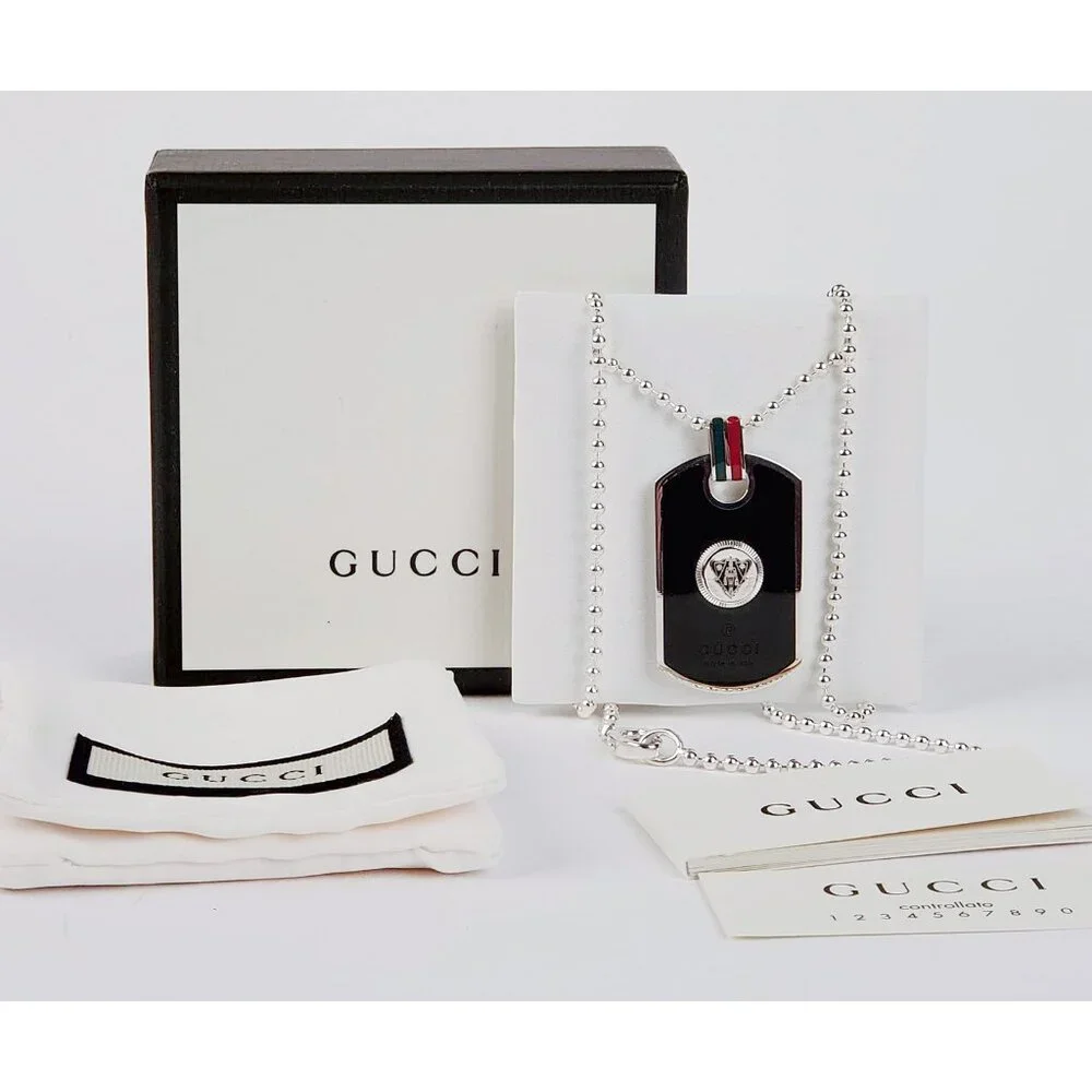 GUCCI NECKLACE SILVER .925 ENAMEL DOG TAG PENDANT WEB & HYSTERIA DETAIL - Picture 7 of 7